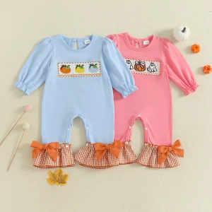 Infant Girls Halloween Long Sleeve Plaid Jumpsuit with Flare Cuffs