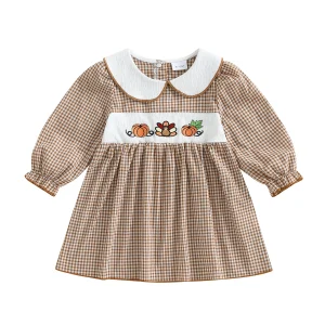 Plaid Dress for Girls with Turkey and Pumpkin Embroidery